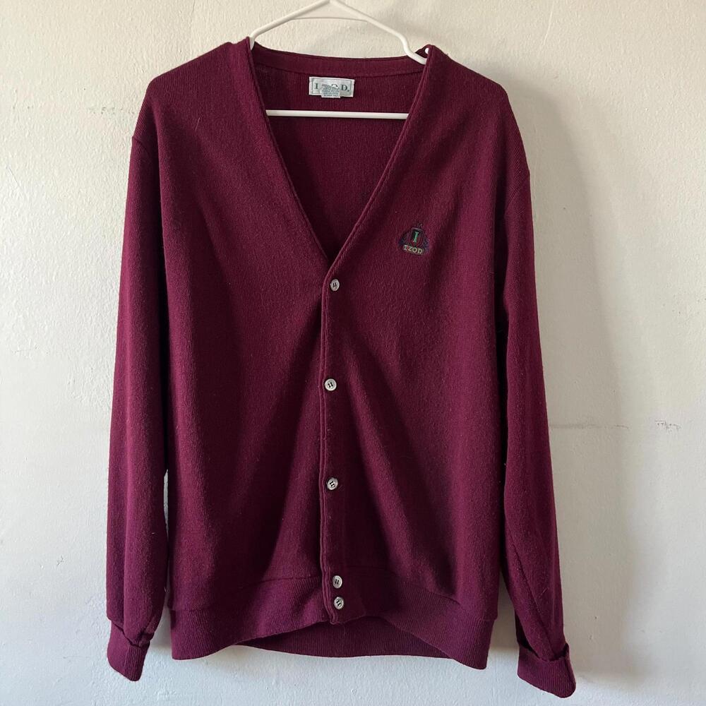 Vintage 1970s Izod Dark Burgundy Cardigan Sweater - Collegiate Style - Fall